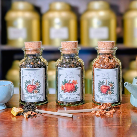 Limited edition Autumnal tea jars from Black Dog Teas loose leaf tea shop Norwich Norfolk